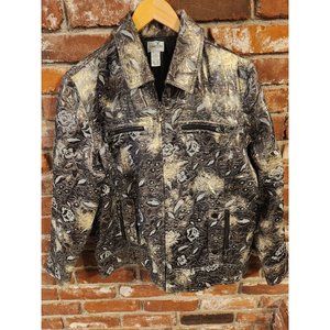 Chicos Women's Full Zip Jacket w/Gold Gray Metallic Design. Size 3.